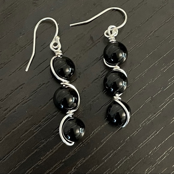 Whimsical Turtle Jewelry - 2/$49 Handmade 925 Sterling Silver Onyx Wire Wrap Earrings Minimalist Night Gift